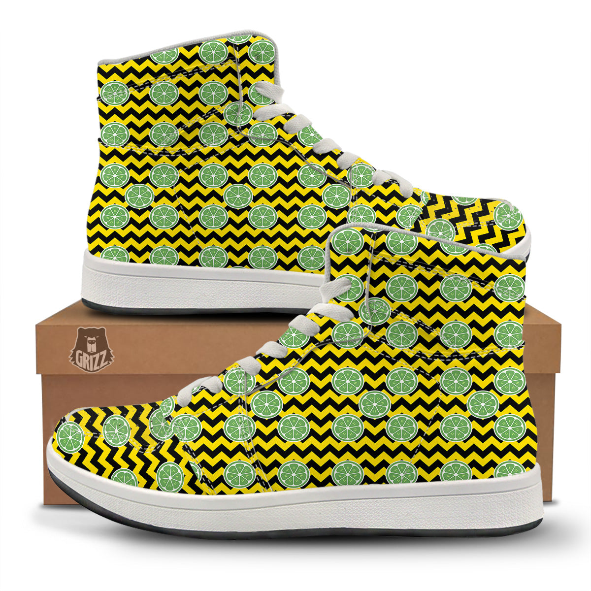 Green Lime And Yellow Zigzag Print Pattern High Top Sneakers-grizzshop