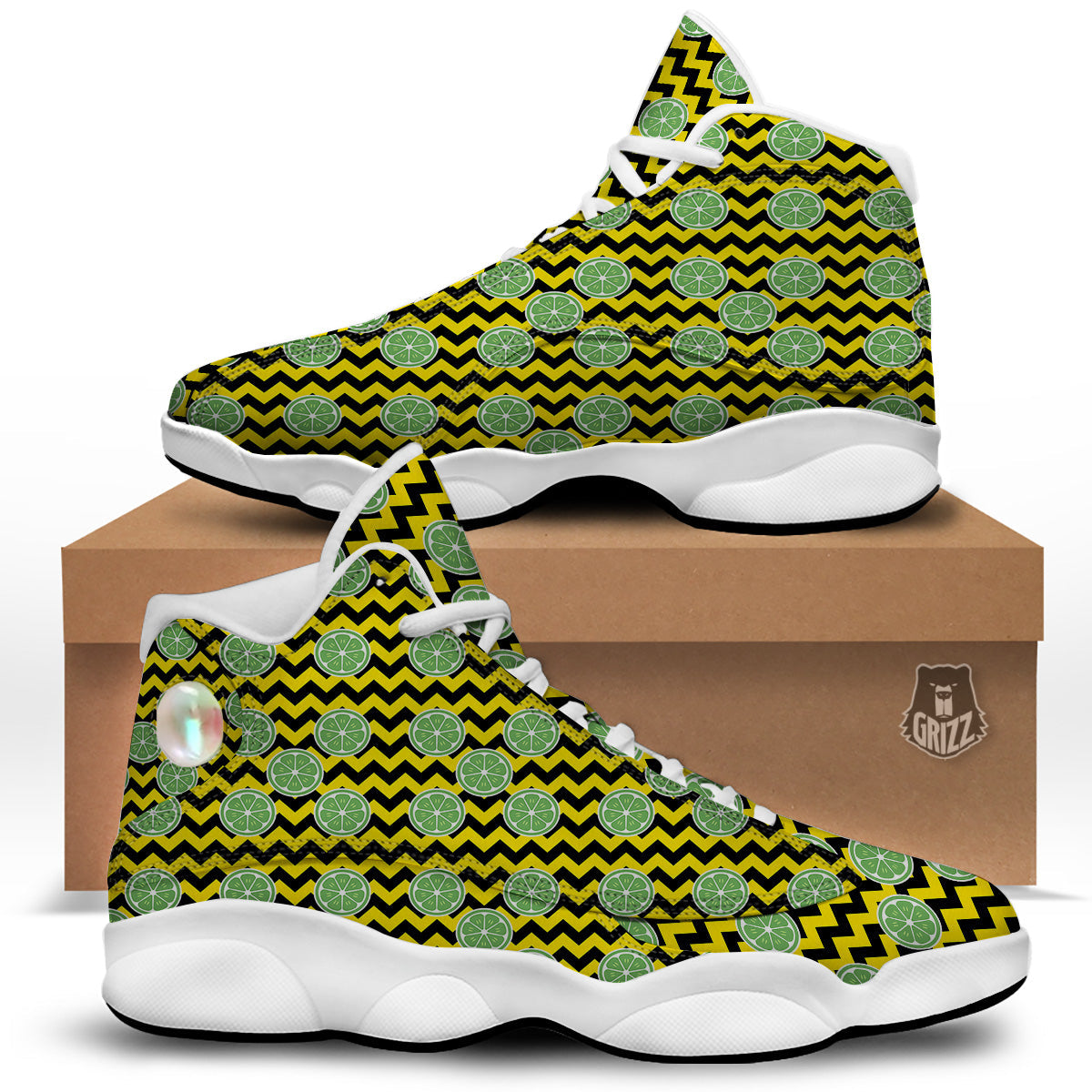 Green Lime And Yellow Zigzag Print Pattern White Basketball Shoes-grizzshop
