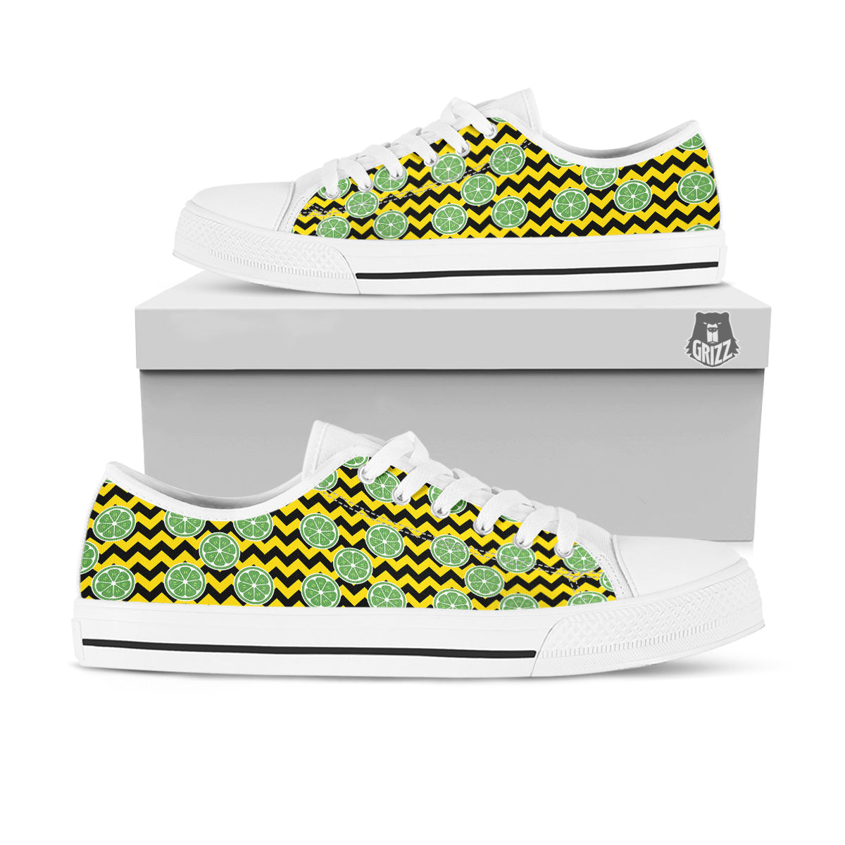Green Lime And Yellow Zigzag Print Pattern White Low Top Shoes-grizzshop