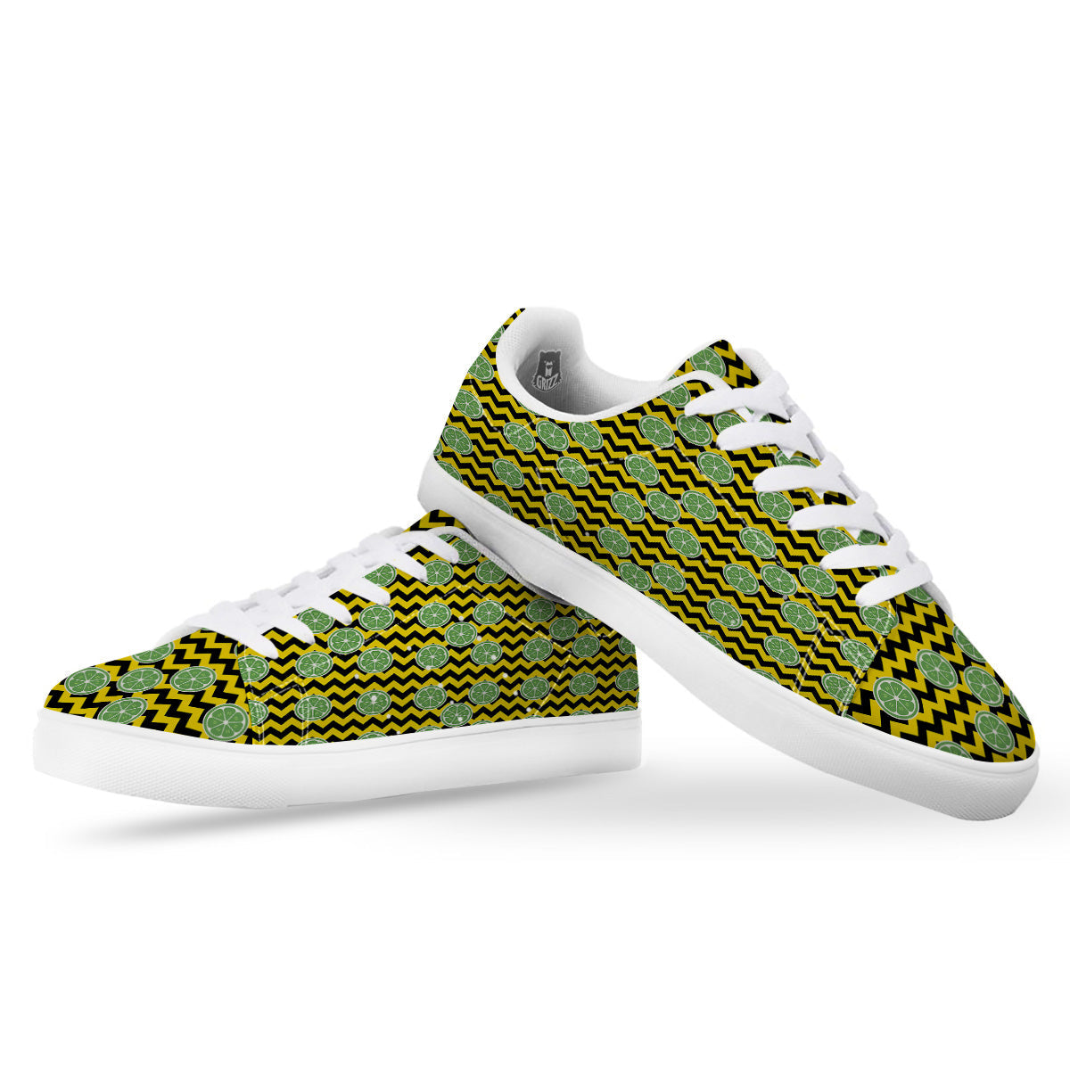 Green Lime And Yellow Zigzag Print Pattern White Low Top Sneakers-grizzshop