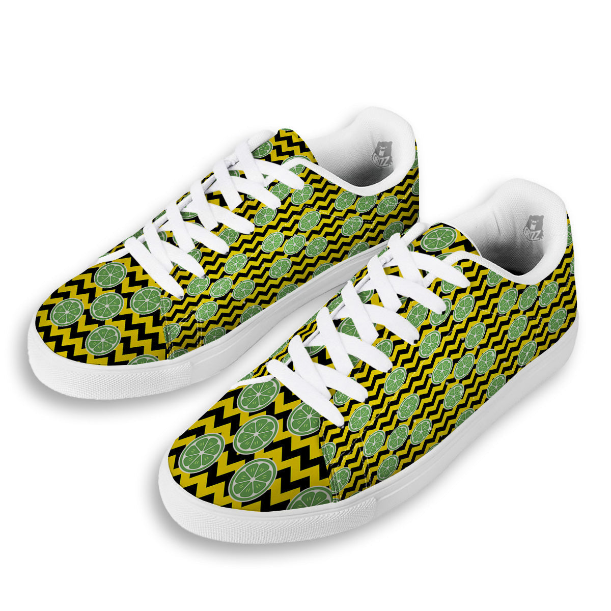 Green Lime And Yellow Zigzag Print Pattern White Low Top Sneakers-grizzshop