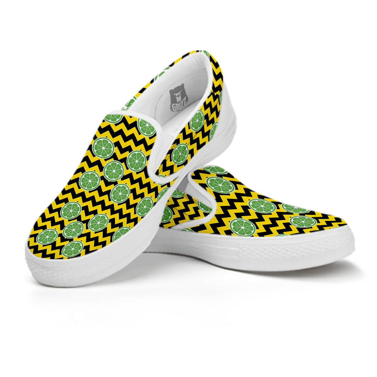 Green Lime And Yellow Zigzag Print Pattern White Slip On Shoes-grizzshop