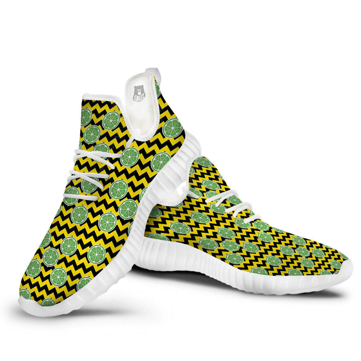 Green Lime And Yellow Zigzag Print Pattern White Walking Shoes-grizzshop