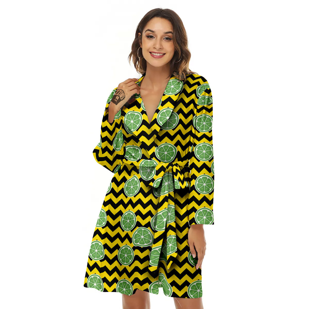 Green Lime And Yellow Zigzag Print Pattern Women's Robe-grizzshop