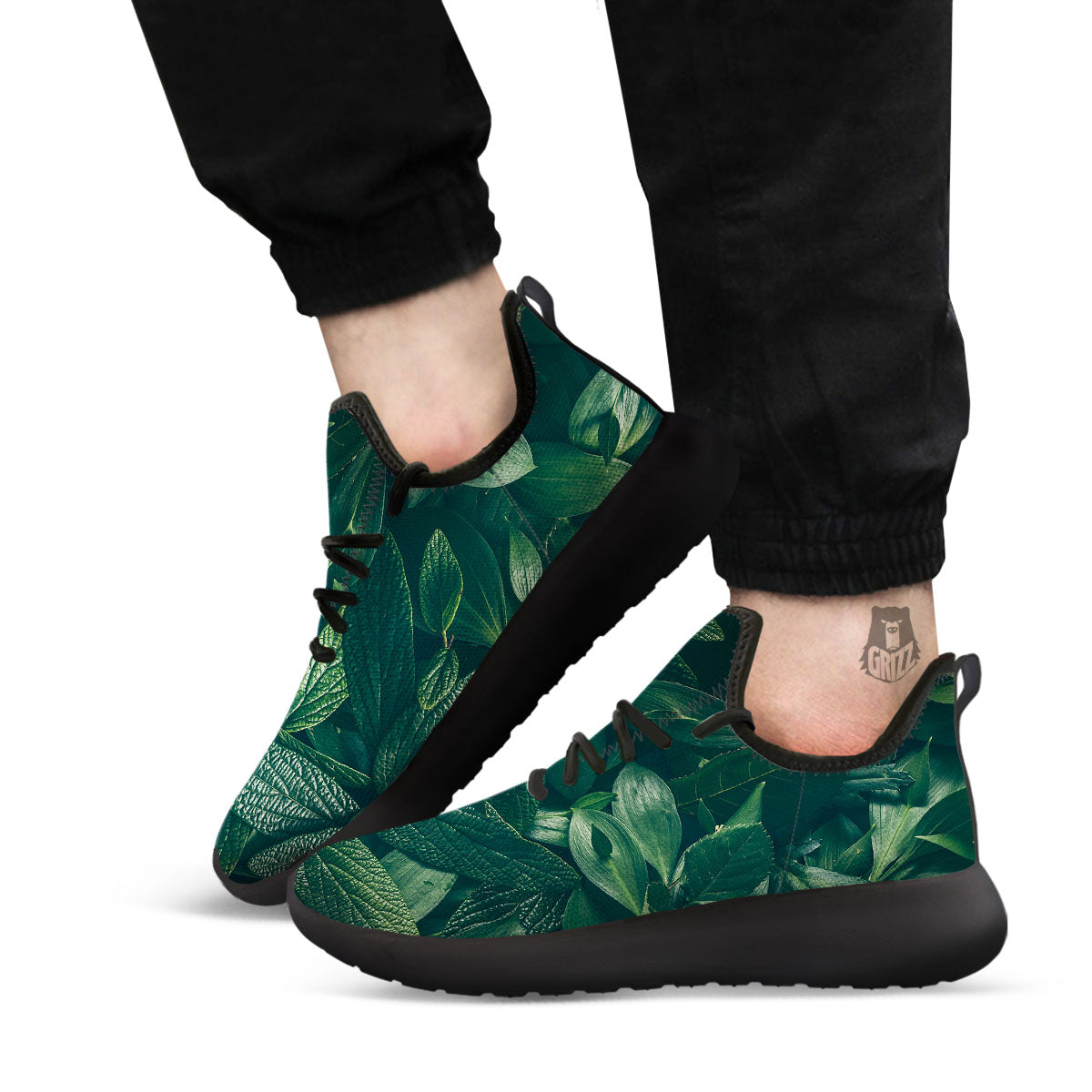 Green Natural Leaf Print Black Athletic Shoes-grizzshop