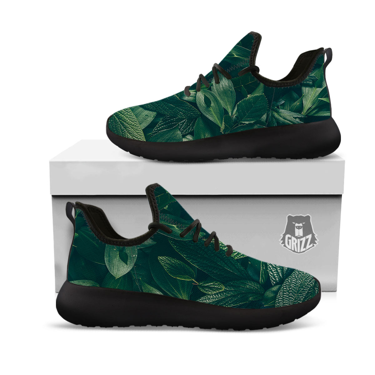 Green Natural Leaf Print Black Athletic Shoes-grizzshop