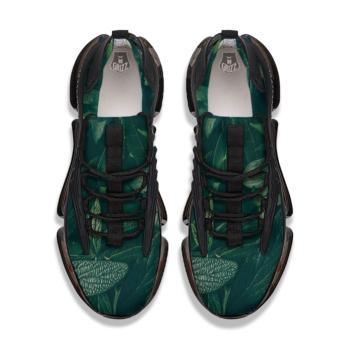 Green Natural Leaf Print Black Gym Shoes-grizzshop