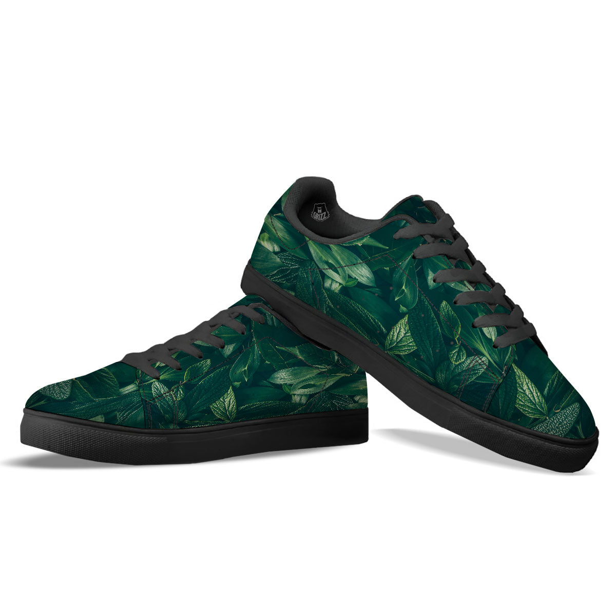 Green Natural Leaf Print Black Low Top Sneakers-grizzshop