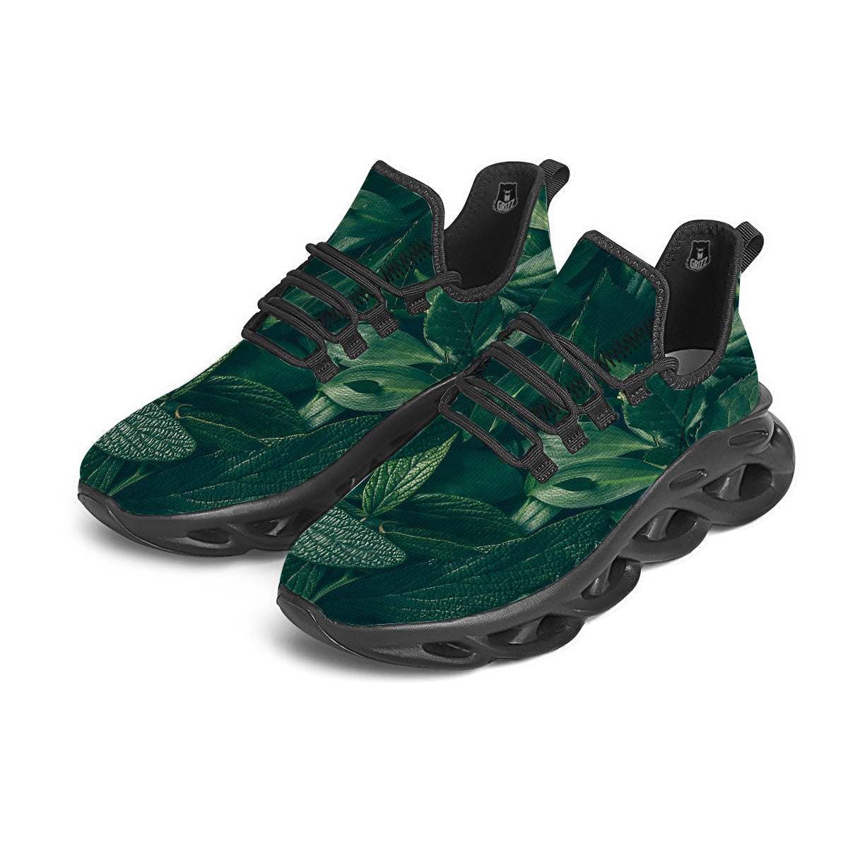 Green Natural Leaf Print Black Running Shoes-grizzshop