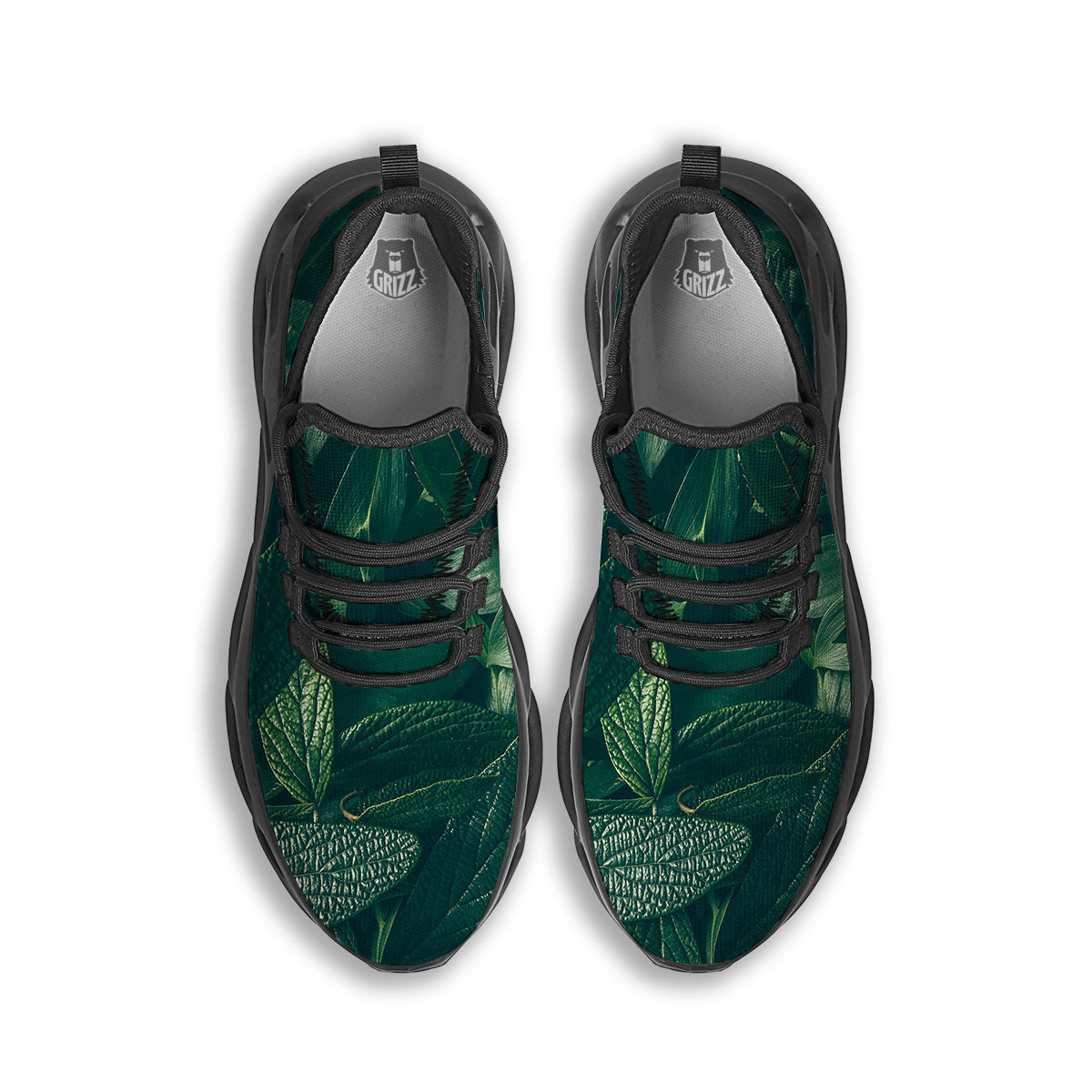 Green Natural Leaf Print Black Running Shoes-grizzshop