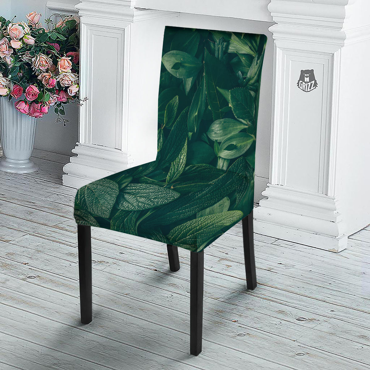 Green Natural Leaf Print Dining Chair Slipcover-grizzshop