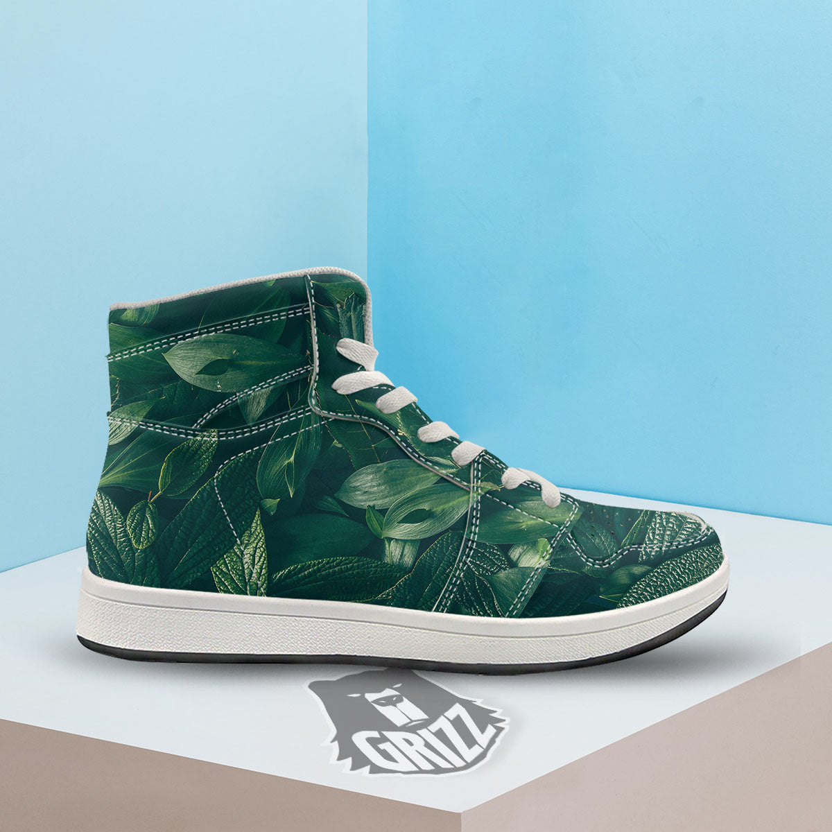 Green Natural Leaf Print High Top Sneakers-grizzshop