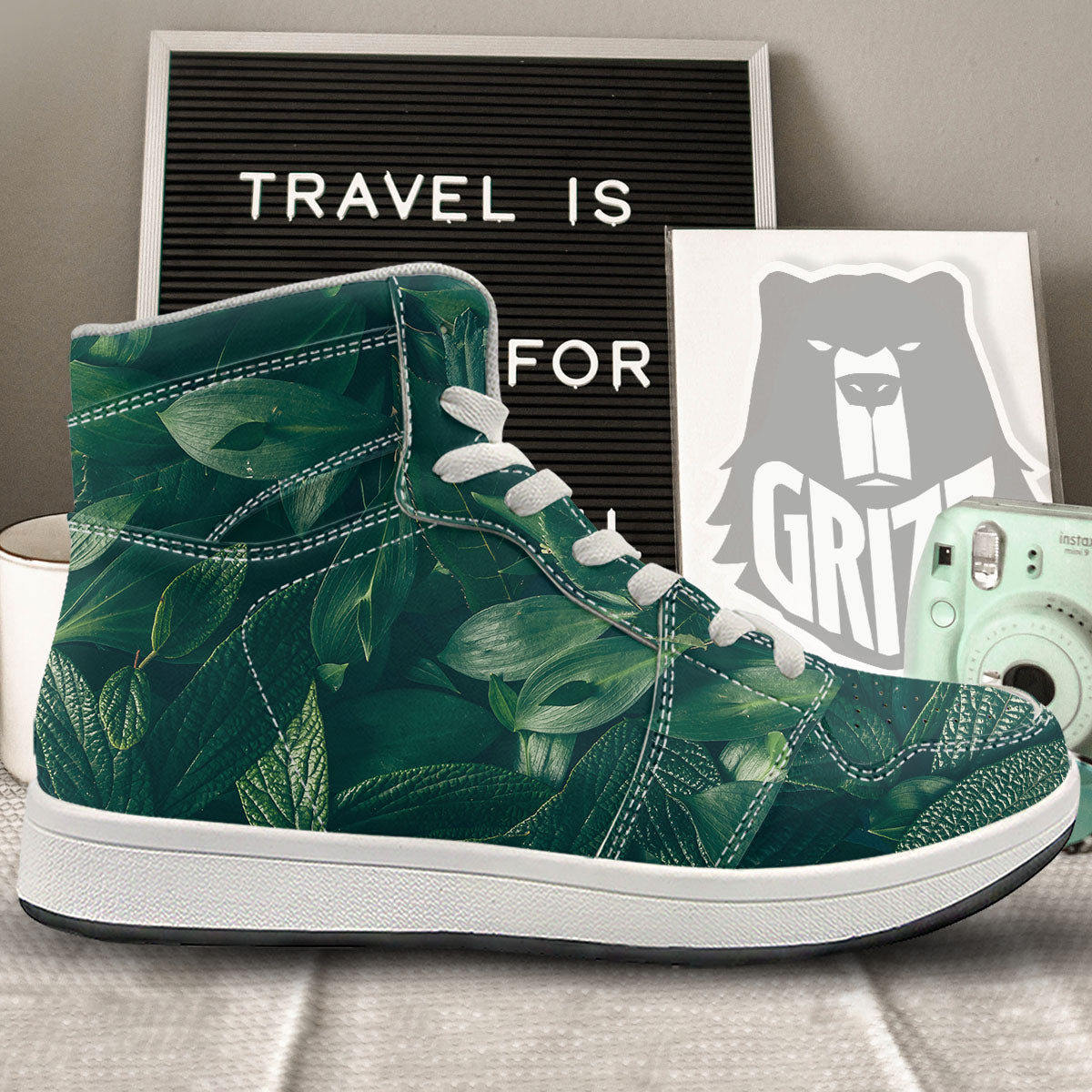 Green Natural Leaf Print High Top Sneakers-grizzshop