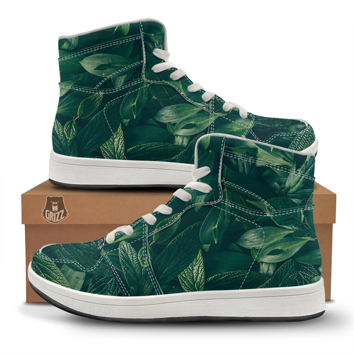 Green Natural Leaf Print High Top Sneakers-grizzshop