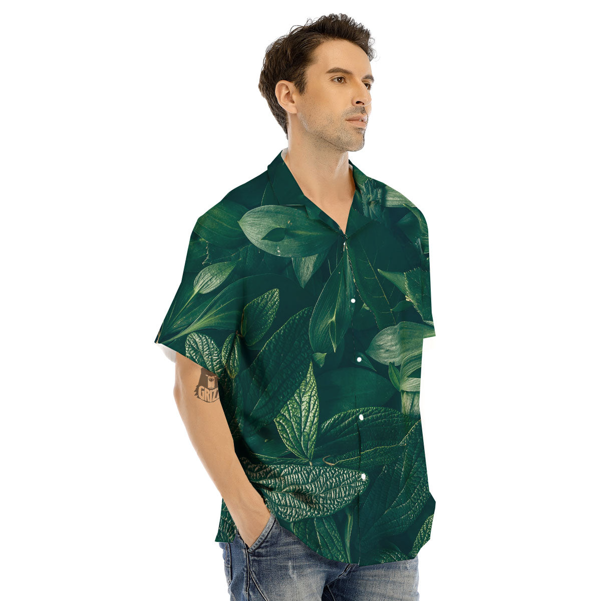 Green Natural Leaf Print Men's Hawaiian Shirt-grizzshop