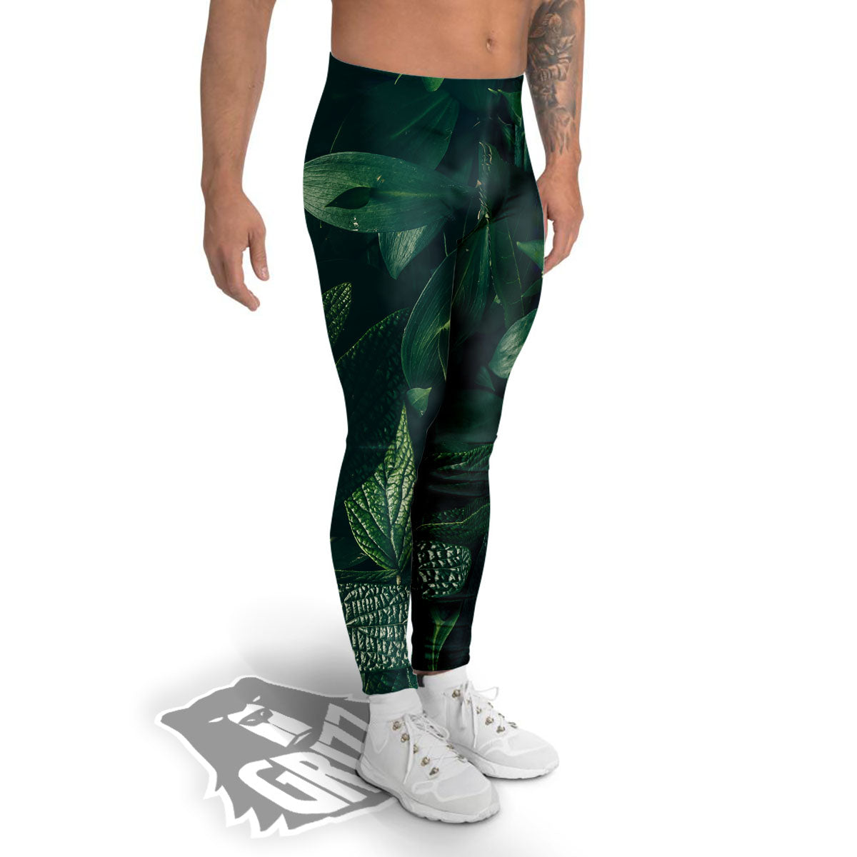 Green Natural Leaf Print Men's Leggings-grizzshop