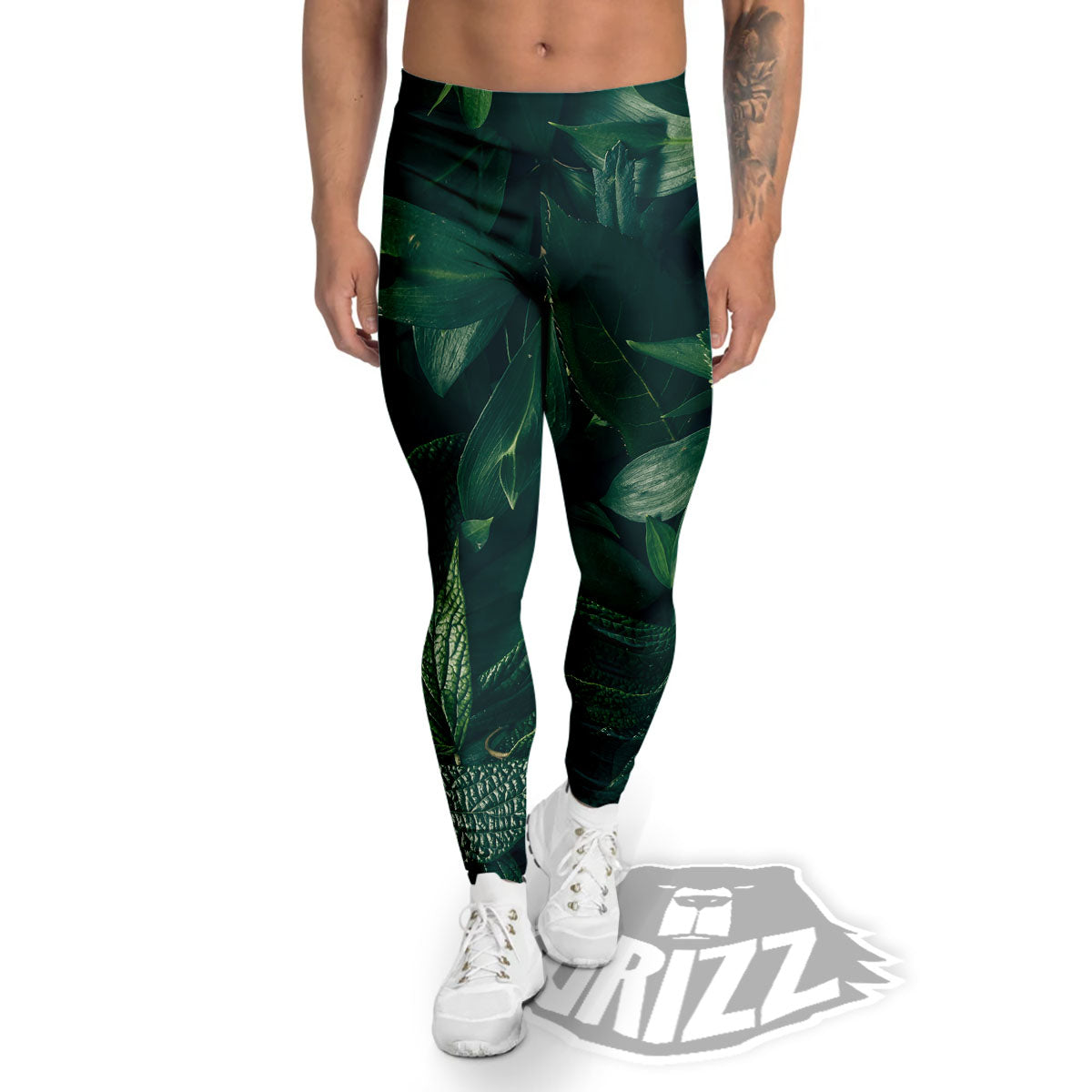 Green Natural Leaf Print Men's Leggings-grizzshop