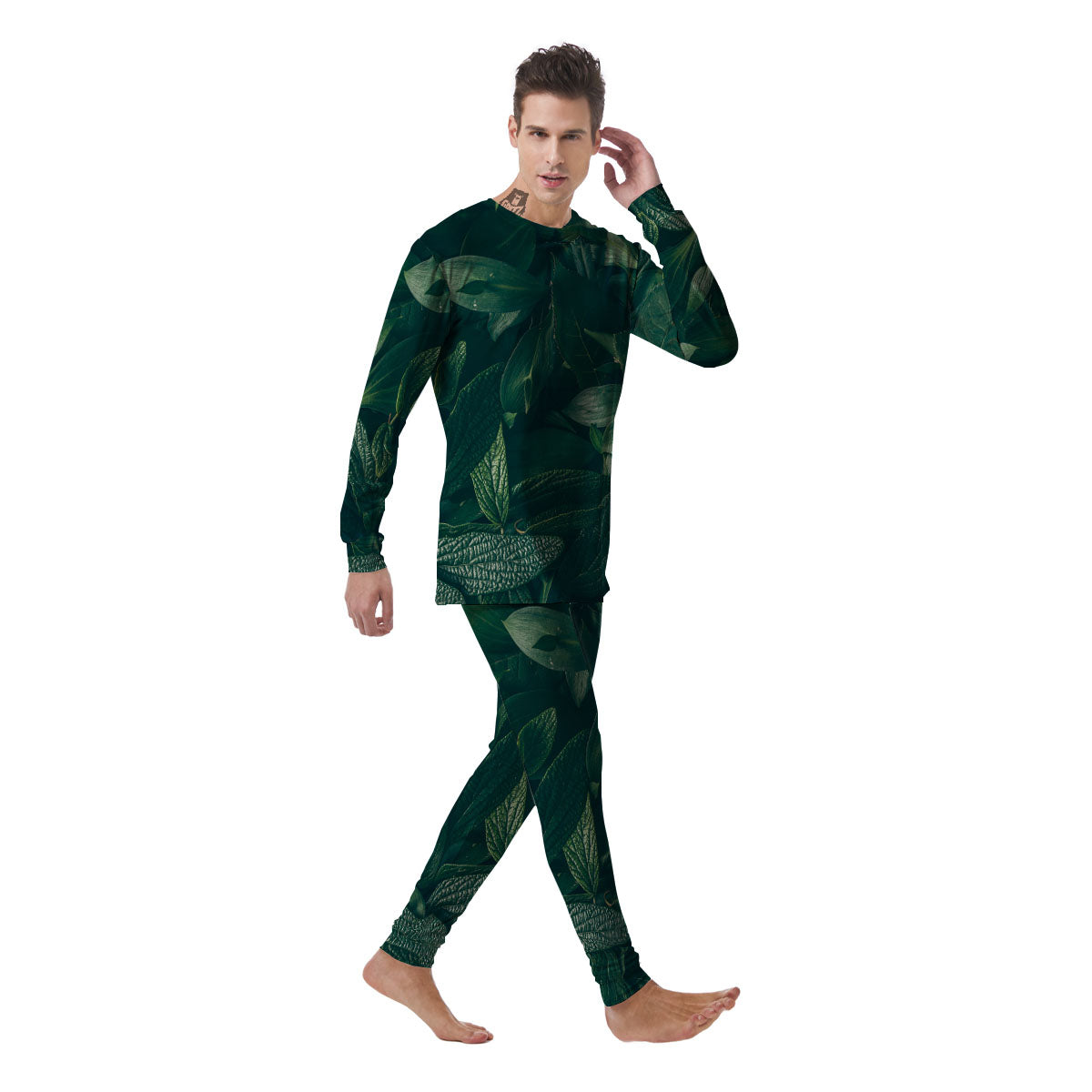 Green Natural Leaf Print Men's Pajamas-grizzshop