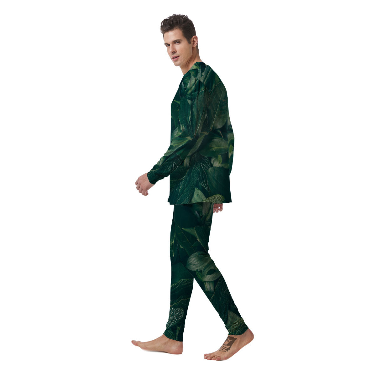 Green Natural Leaf Print Men's Pajamas-grizzshop