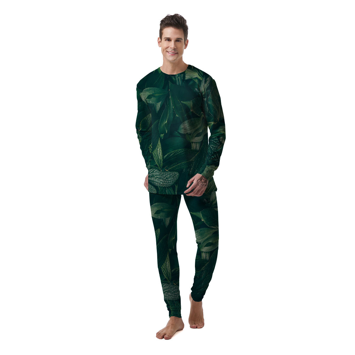 Green Natural Leaf Print Men's Pajamas-grizzshop