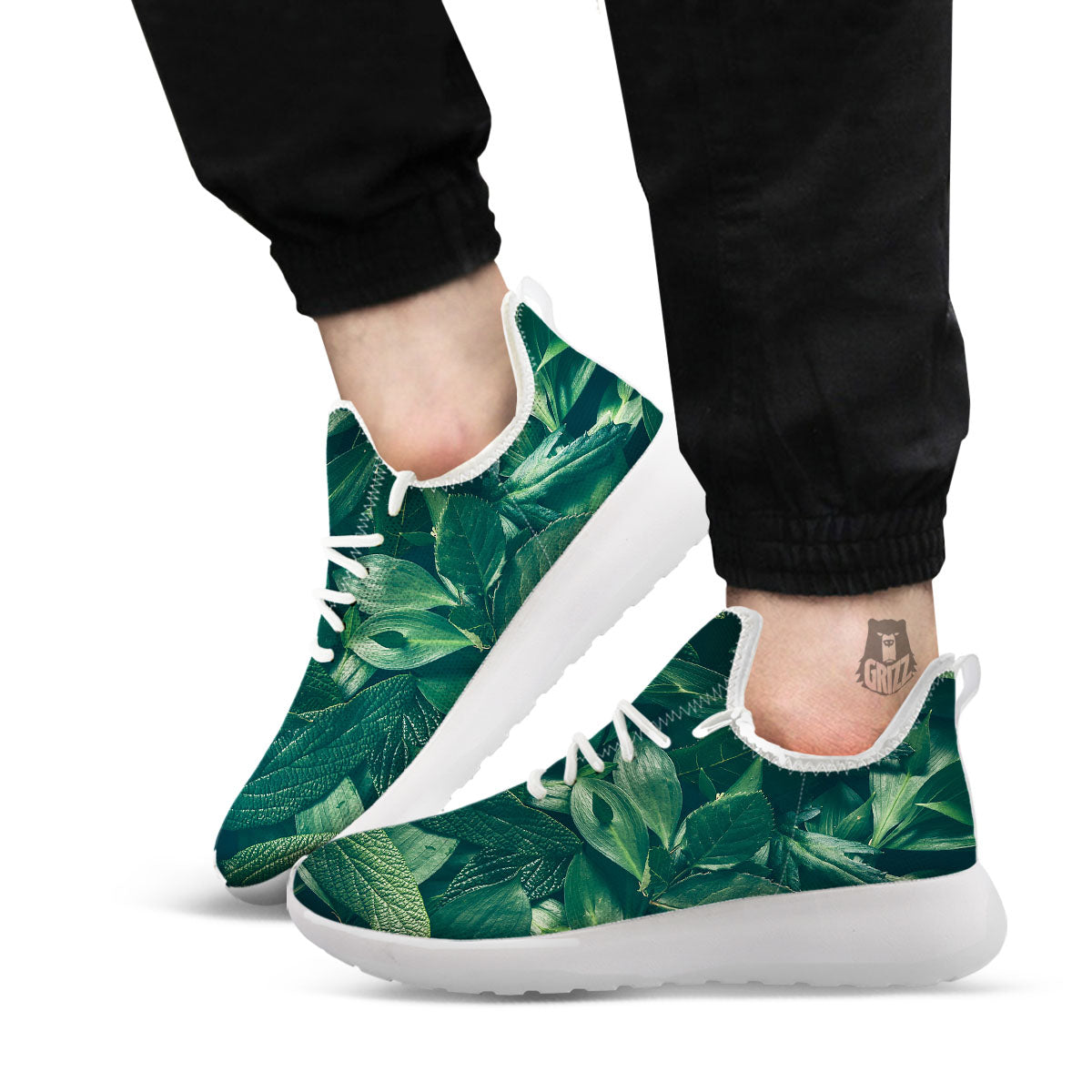 Green Natural Leaf Print White Athletic Shoes-grizzshop