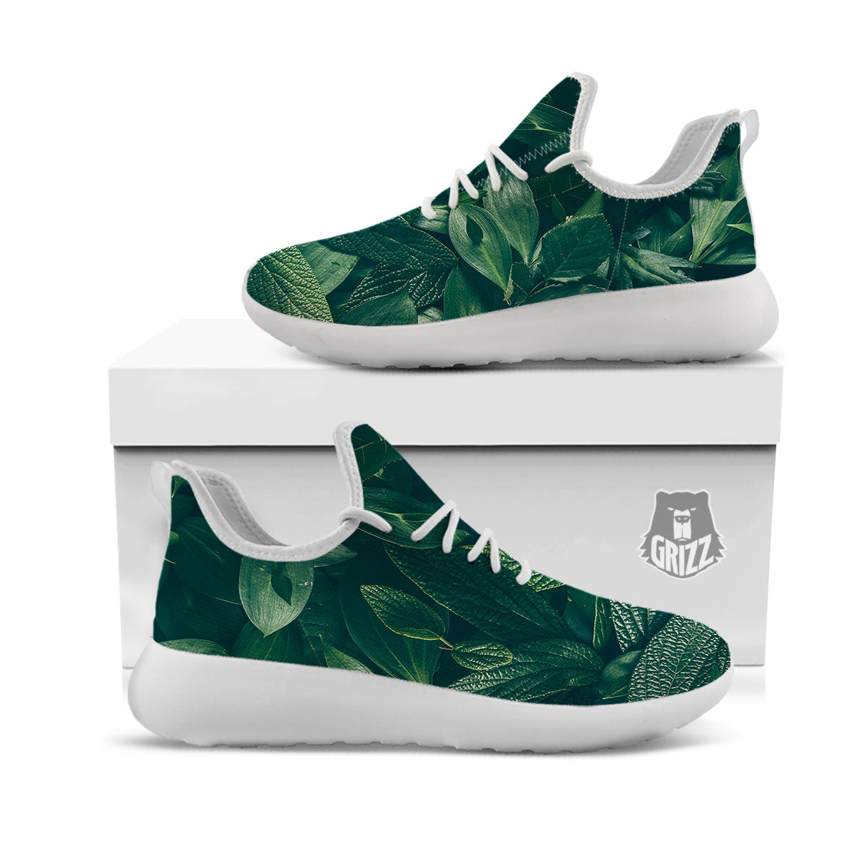 Green Natural Leaf Print White Athletic Shoes-grizzshop