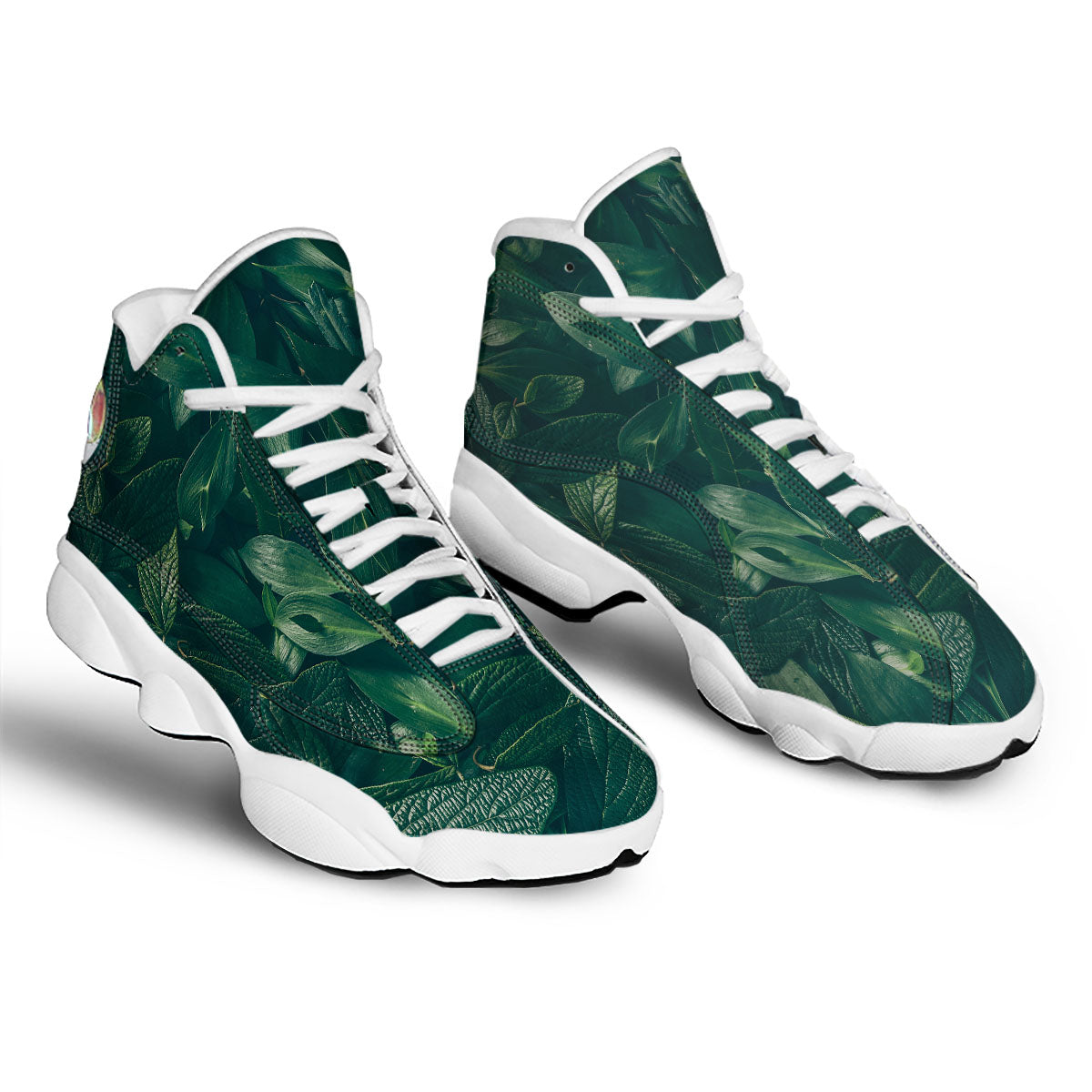 Green Natural Leaf Print White Basketball Shoes-grizzshop