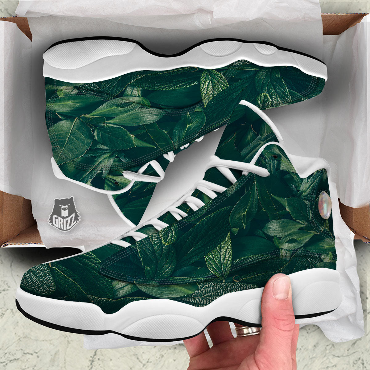 Green Natural Leaf Print White Basketball Shoes-grizzshop