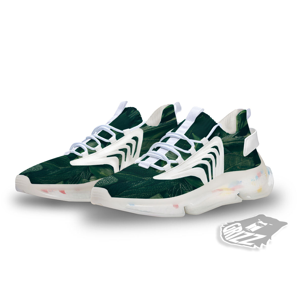 Green Natural Leaf Print White Gym Shoes-grizzshop