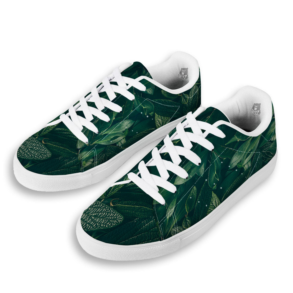 Green Natural Leaf Print White Low Top Sneakers-grizzshop