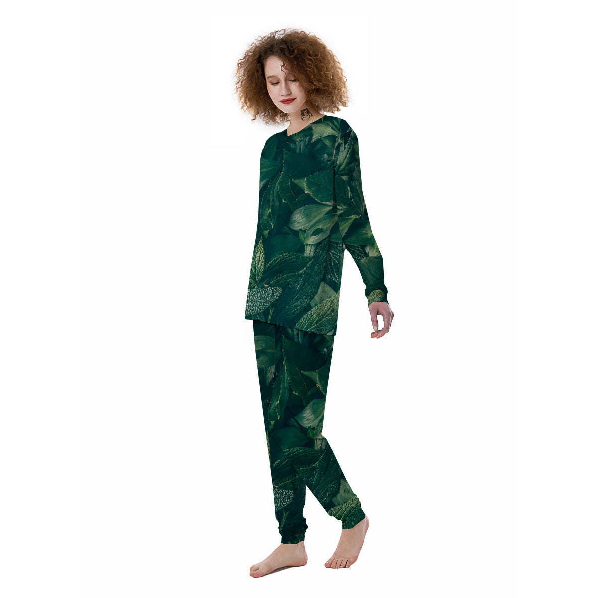 Green Natural Leaf Print Women's Pajamas-grizzshop