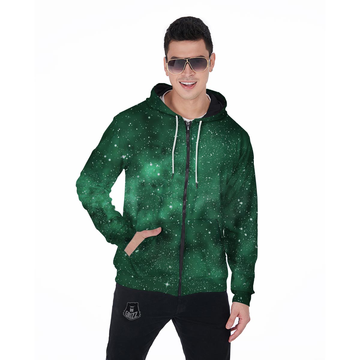 Green Nebula Galaxy Men's Zip Up Hoodie-grizzshop