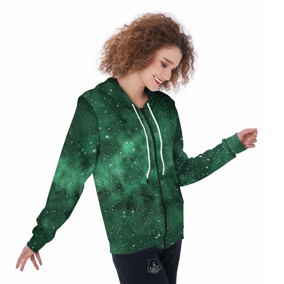 Green Nebula Galaxy Women's Zip Up Hoodie-grizzshop