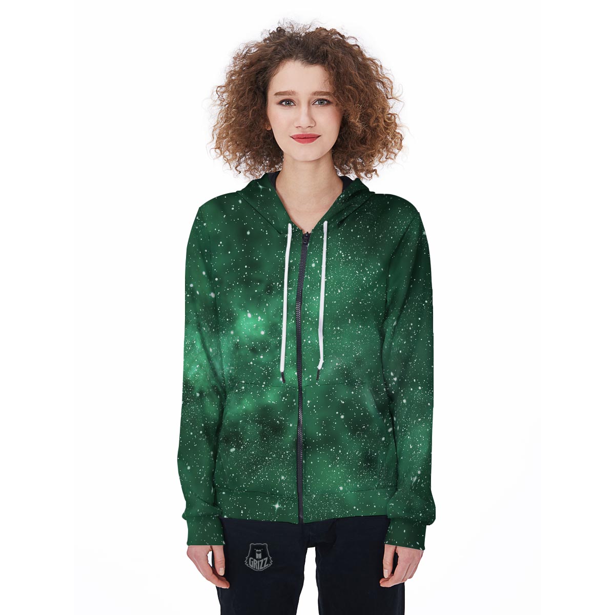 Green Nebula Galaxy Women's Zip Up Hoodie-grizzshop