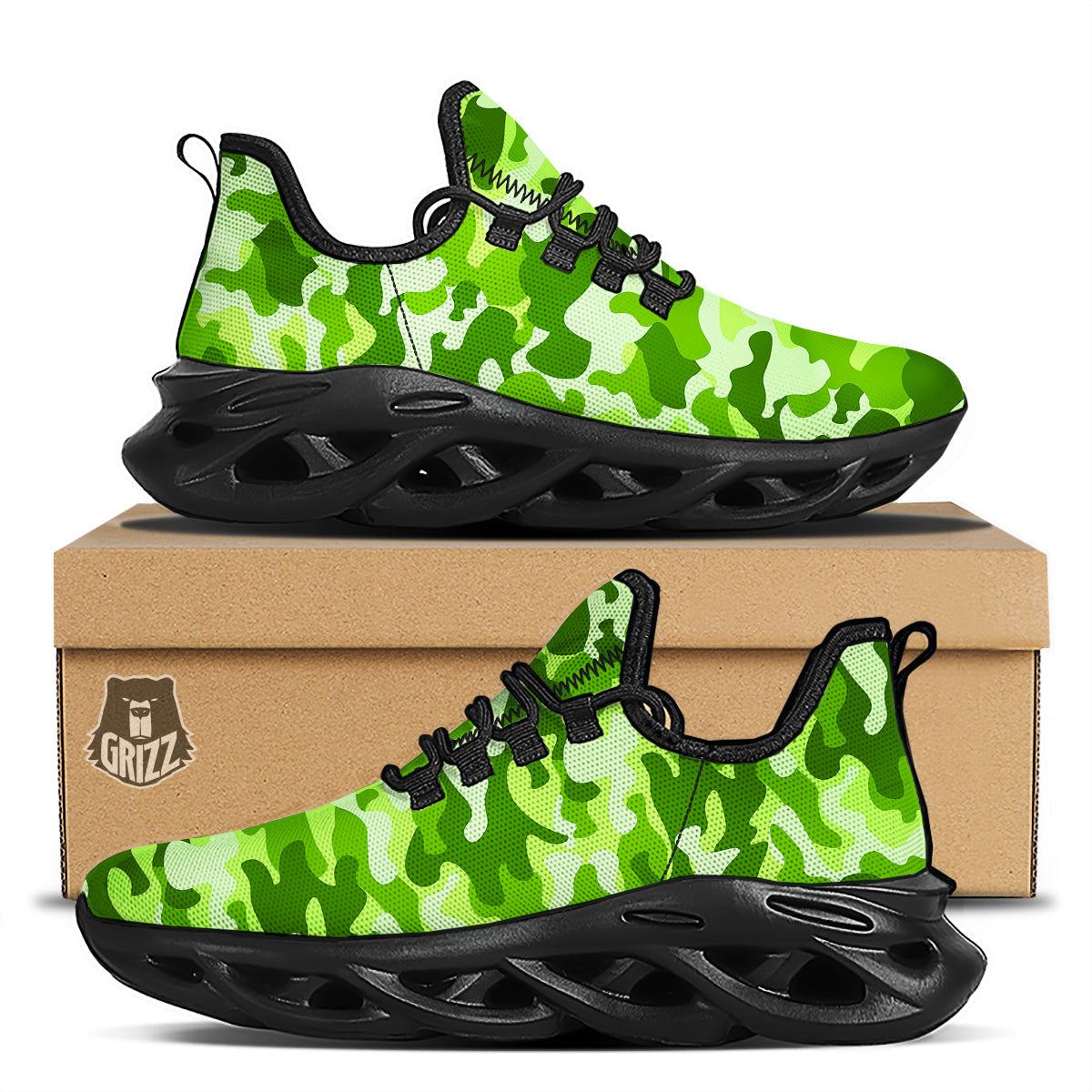 Green Neon Camo And Camouflage Print Black Running Shoes-grizzshop