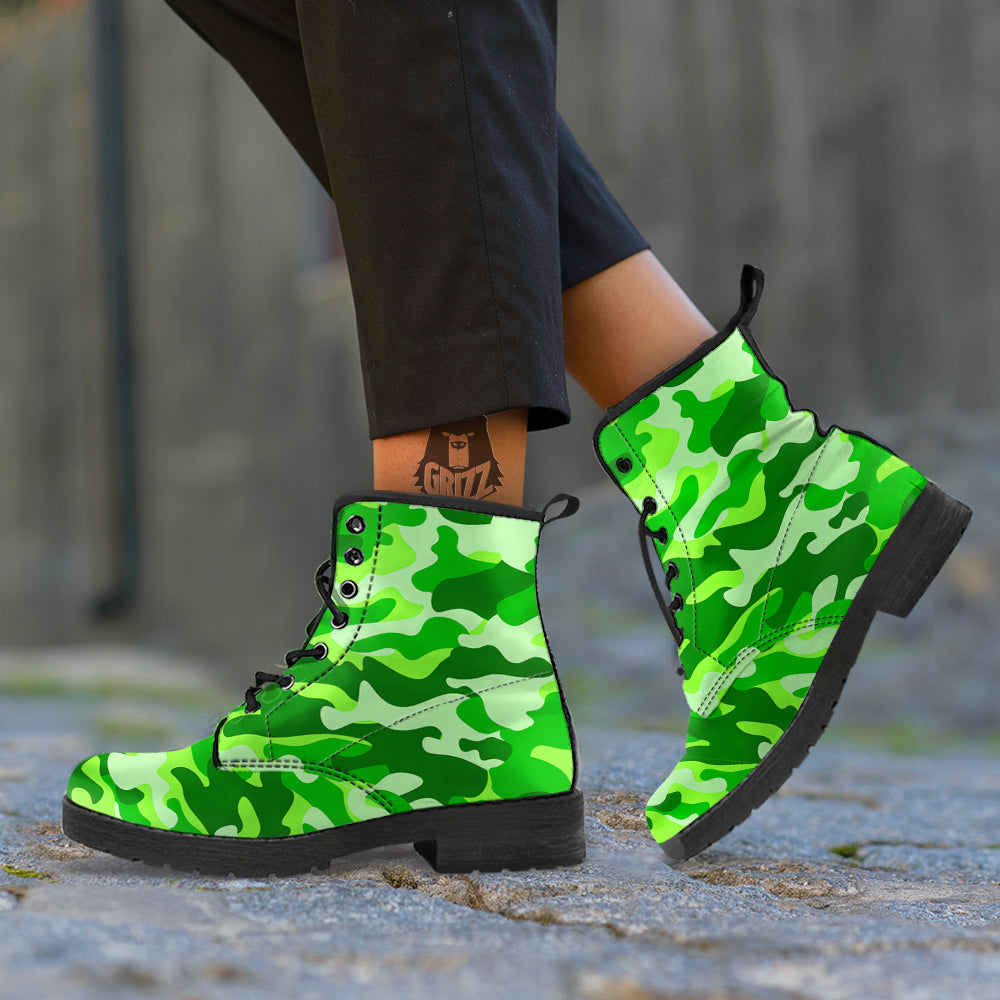 Green Neon Camo And Camouflage Print Leather Boots-grizzshop