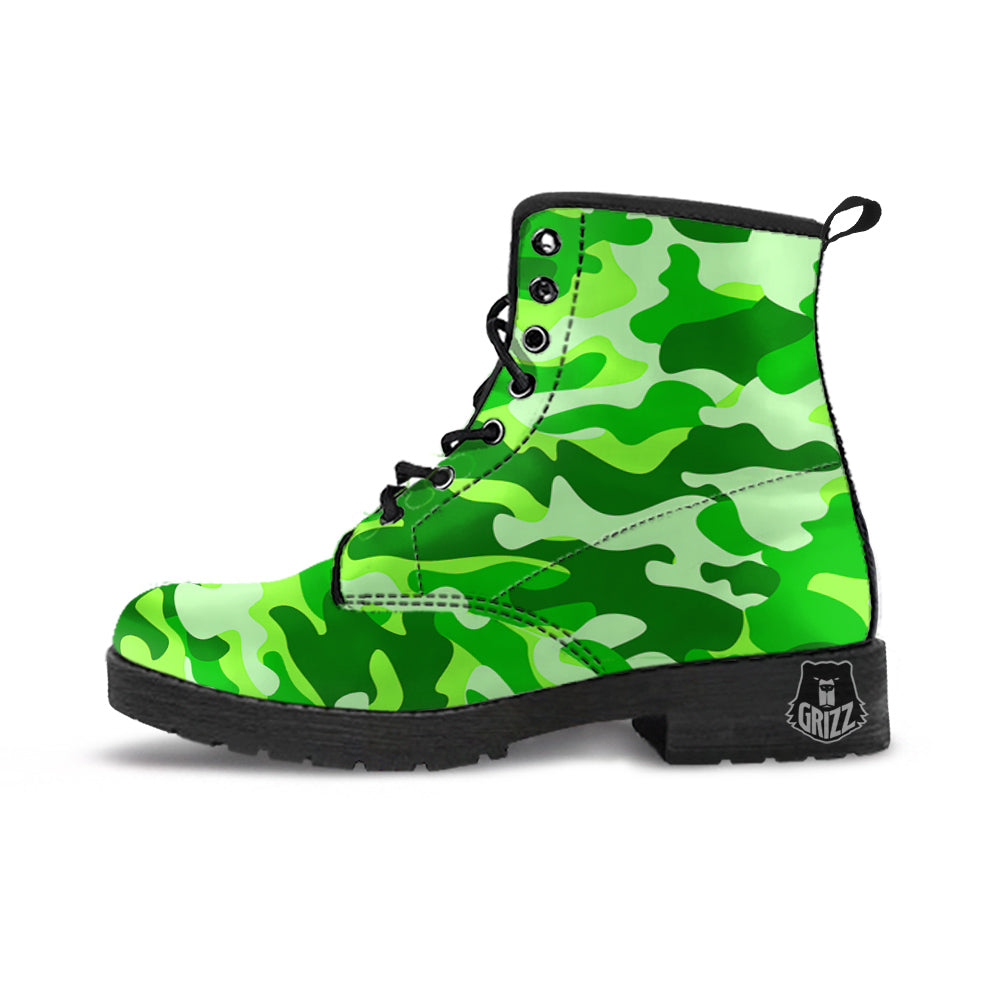 Green Neon Camo And Camouflage Print Leather Boots-grizzshop