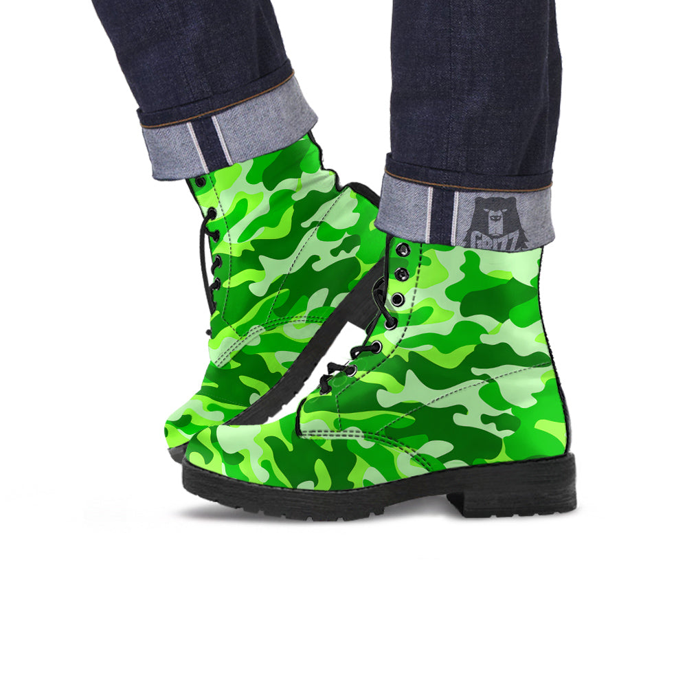 Green Neon Camo And Camouflage Print Leather Boots-grizzshop