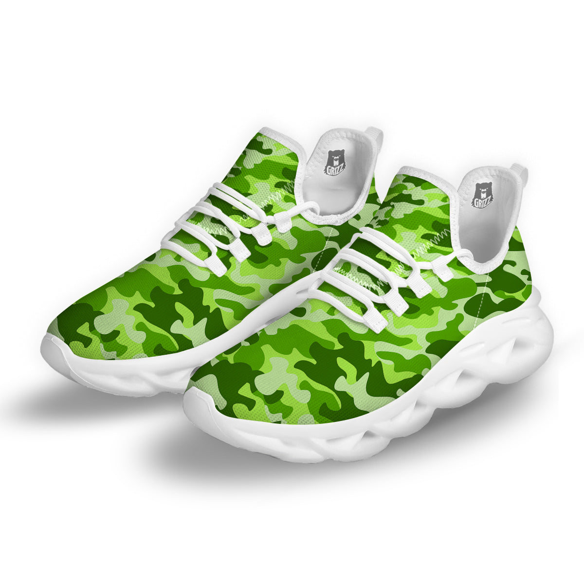 Green Neon Camo And Camouflage Print White Running Shoes-grizzshop