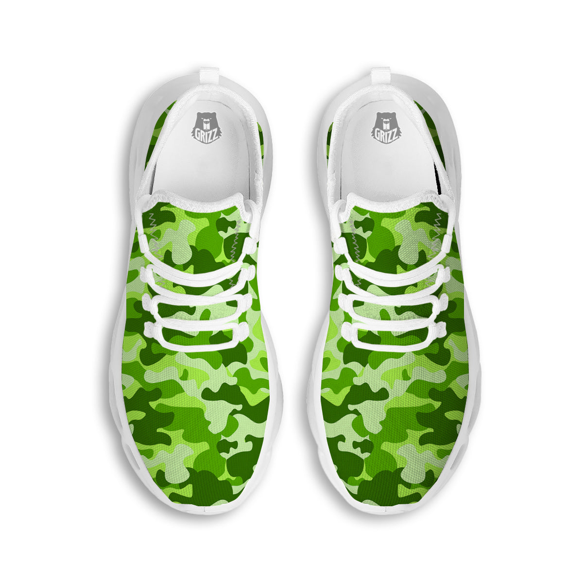 Green Neon Camo And Camouflage Print White Running Shoes-grizzshop