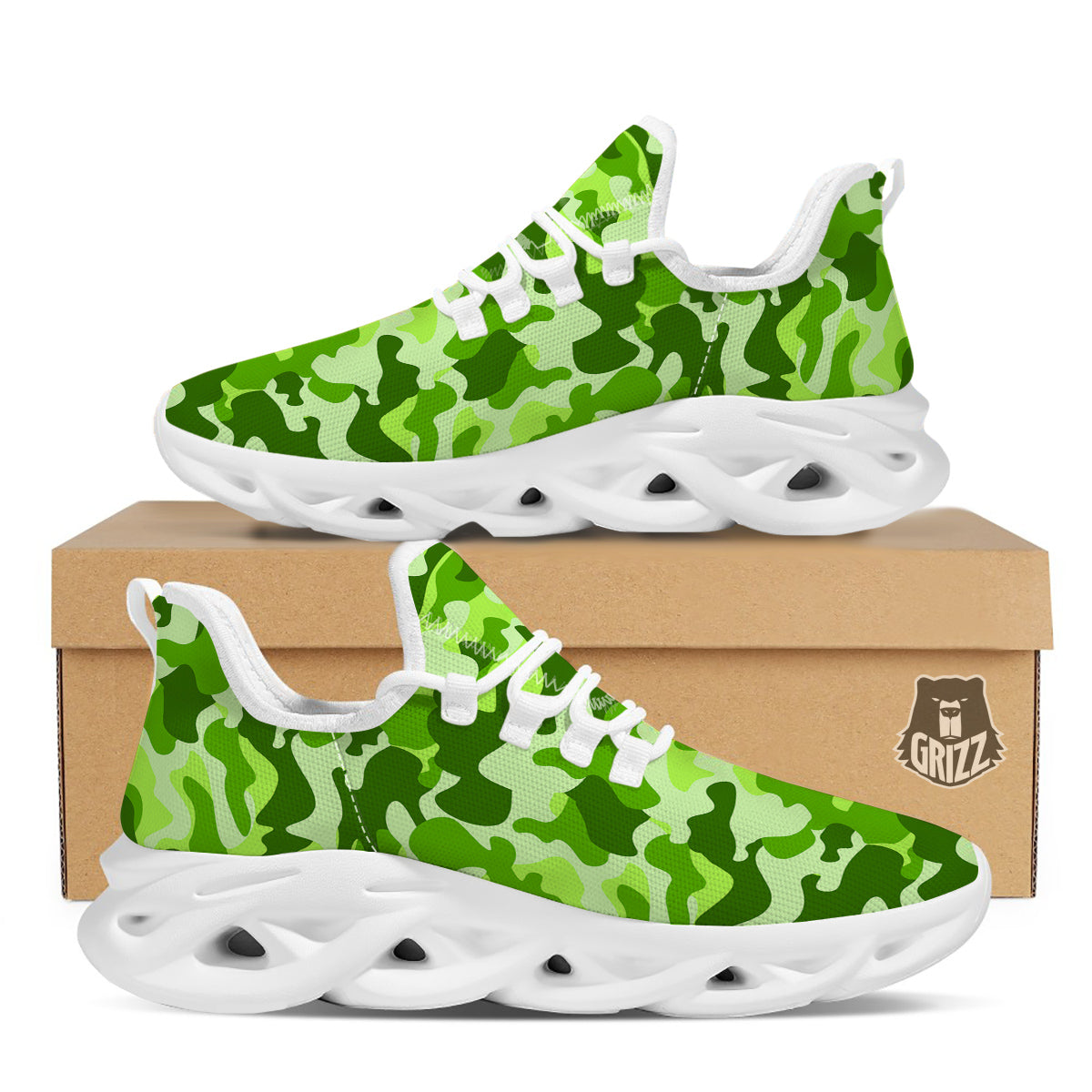 Green Neon Camo And Camouflage Print White Running Shoes-grizzshop