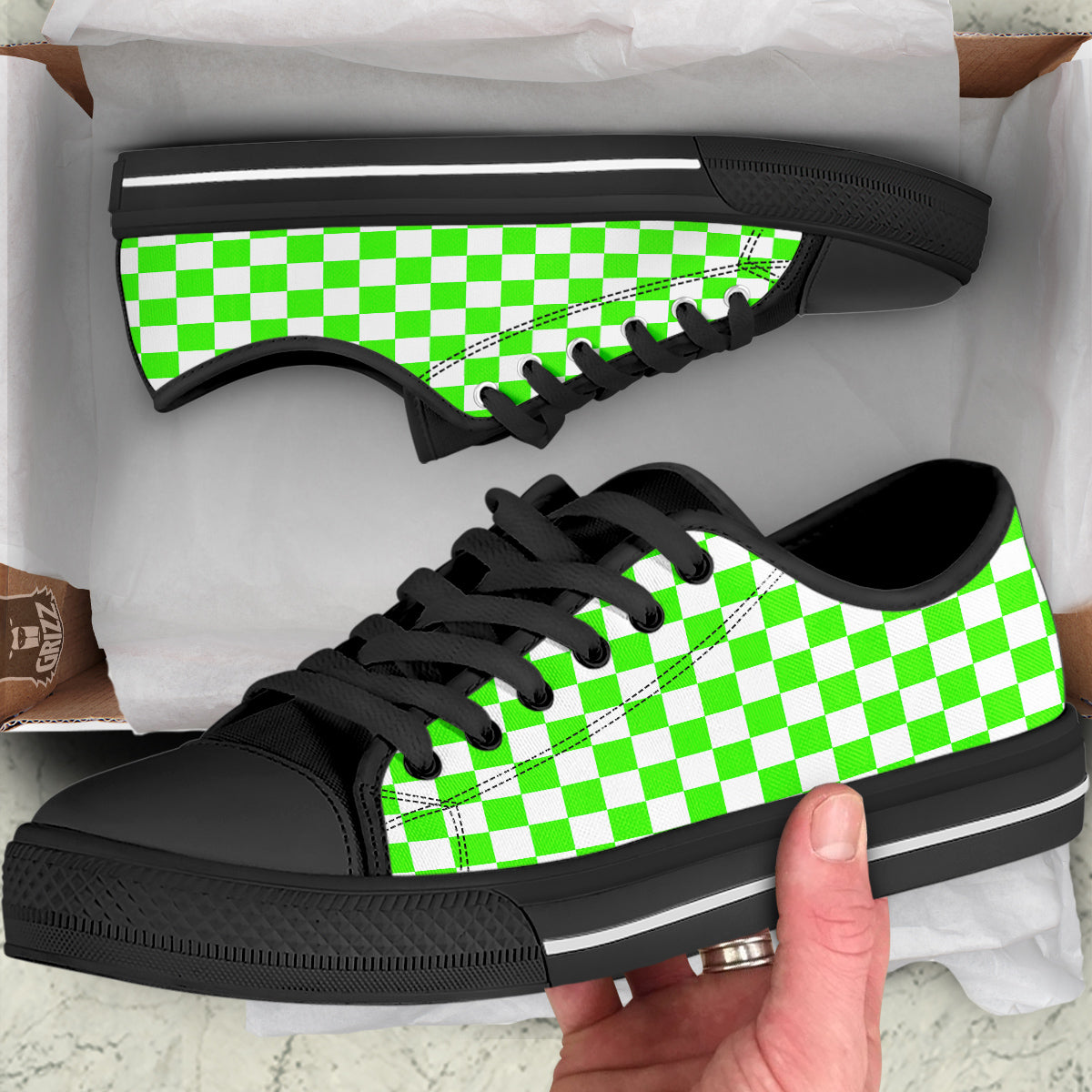 Green Neon Checkered Flag Print Black Low Top Shoes-grizzshop