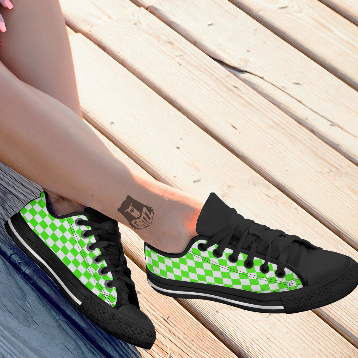 Green Neon Checkered Flag Print Black Low Top Shoes-grizzshop