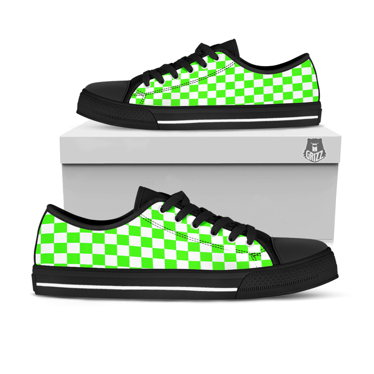 Green Neon Checkered Flag Print Black Low Top Shoes-grizzshop