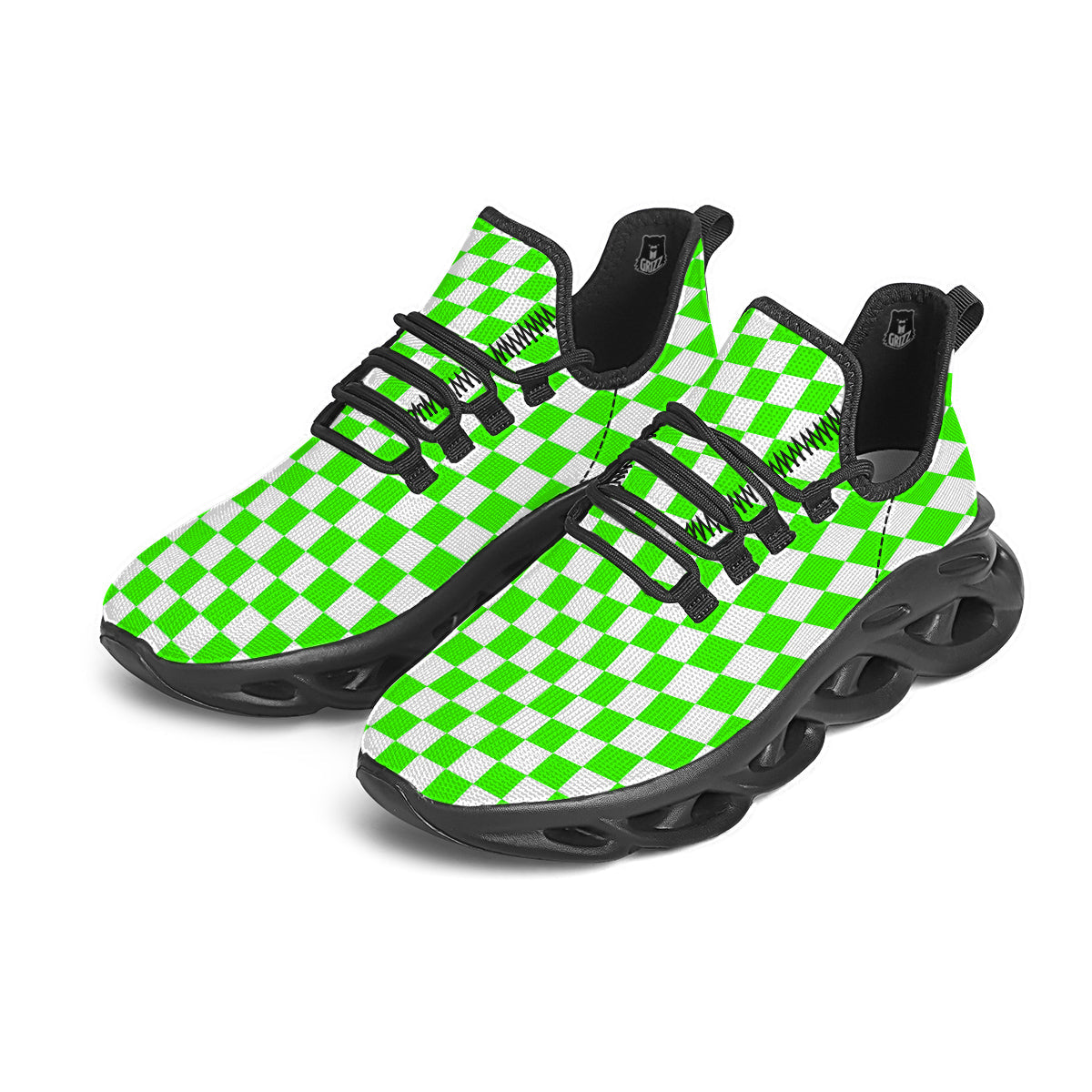 Green Neon Checkered Flag Print Black Running Shoes-grizzshop