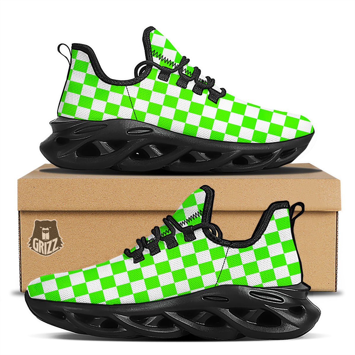 Green Neon Checkered Flag Print Black Running Shoes-grizzshop