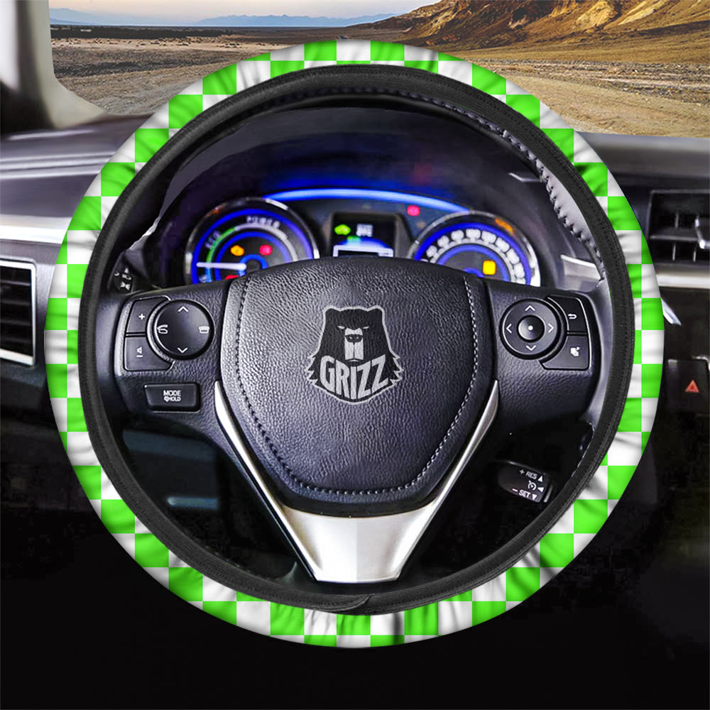 Green Neon Checkered Flag Print Car Steering Wheel Cover-grizzshop