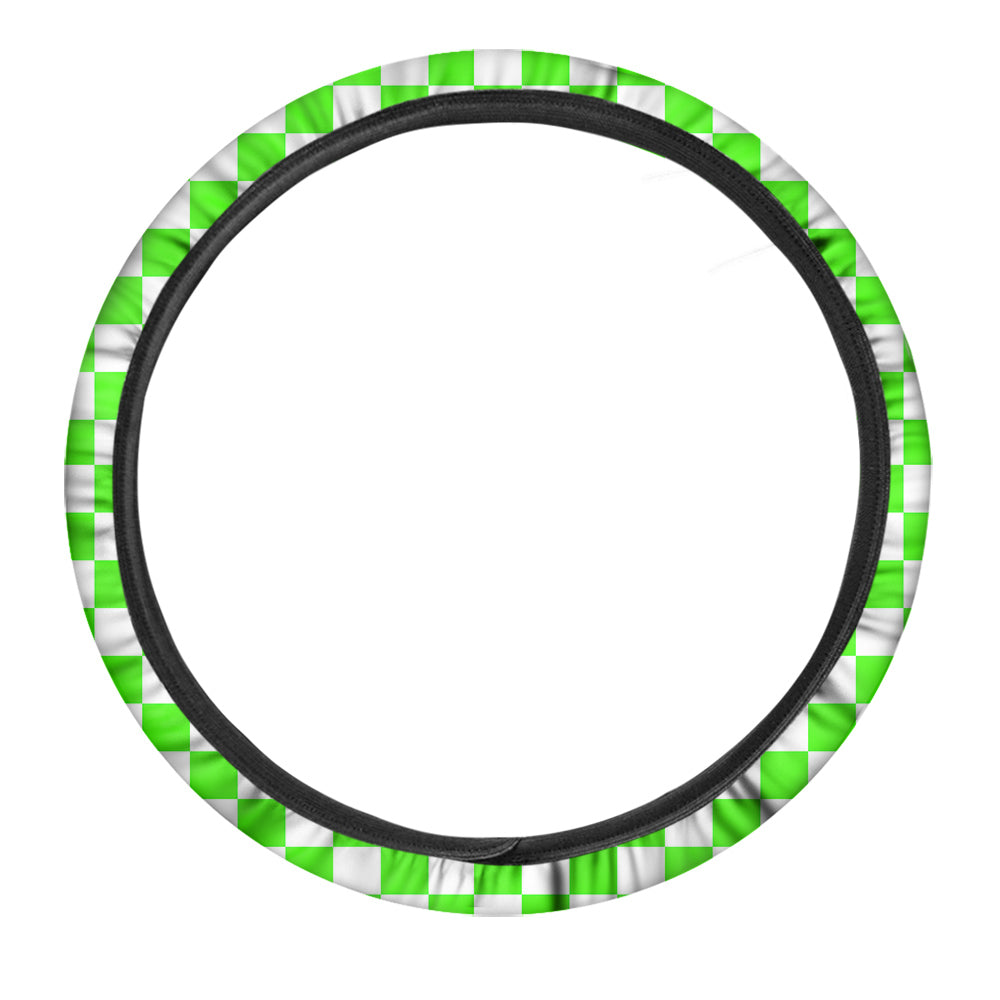 Green Neon Checkered Flag Print Car Steering Wheel Cover-grizzshop