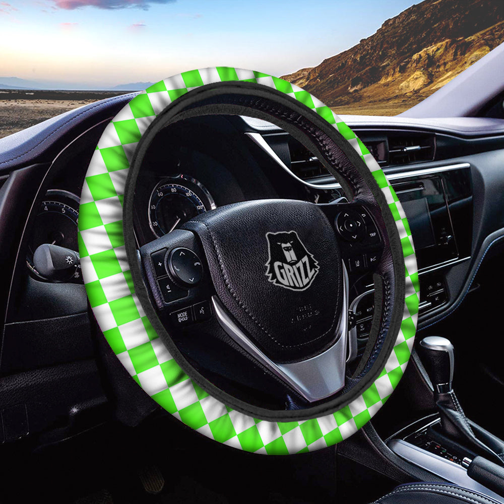 Green Neon Checkered Flag Print Car Steering Wheel Cover-grizzshop