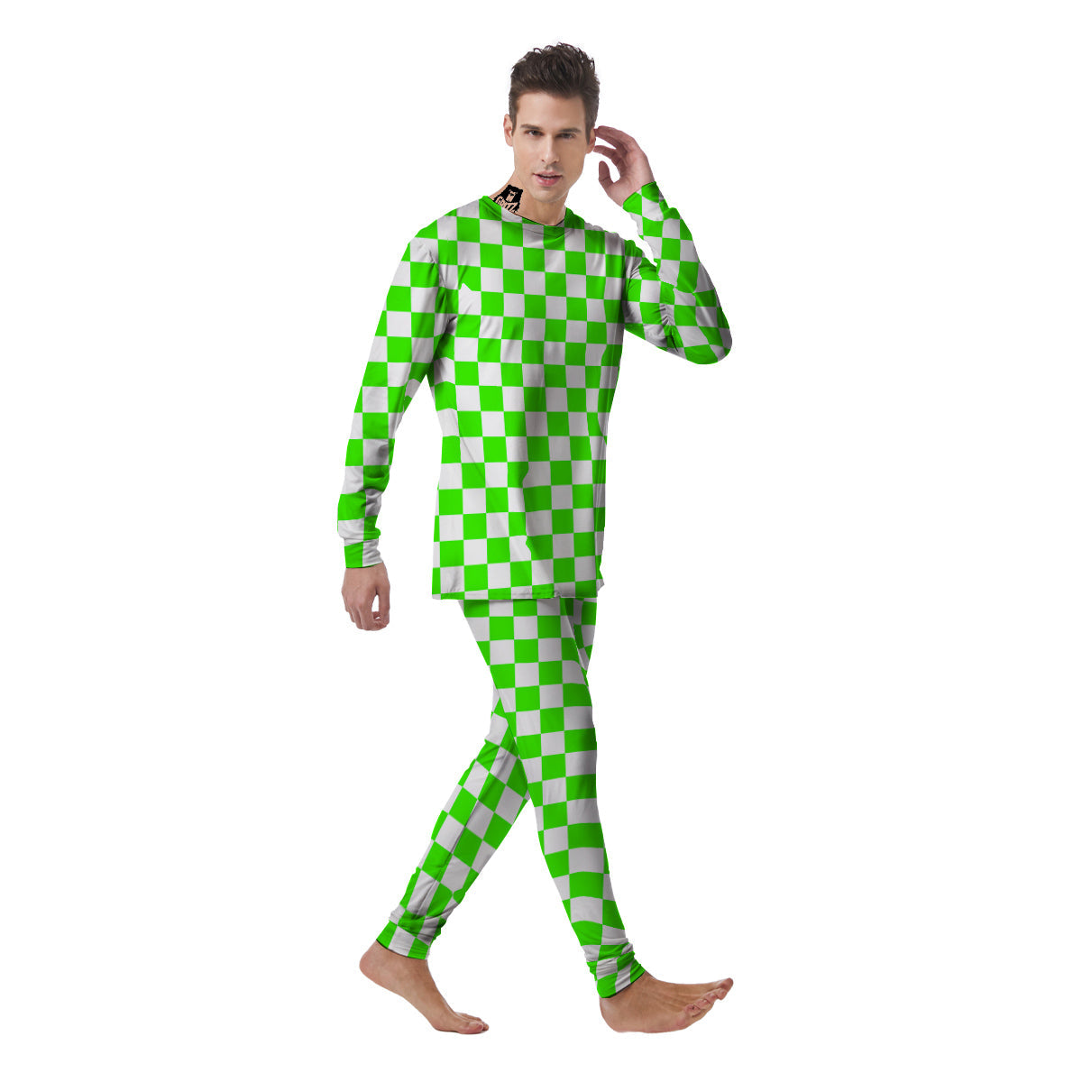 Green Neon Checkered Flag Print Men's Pajamas-grizzshop